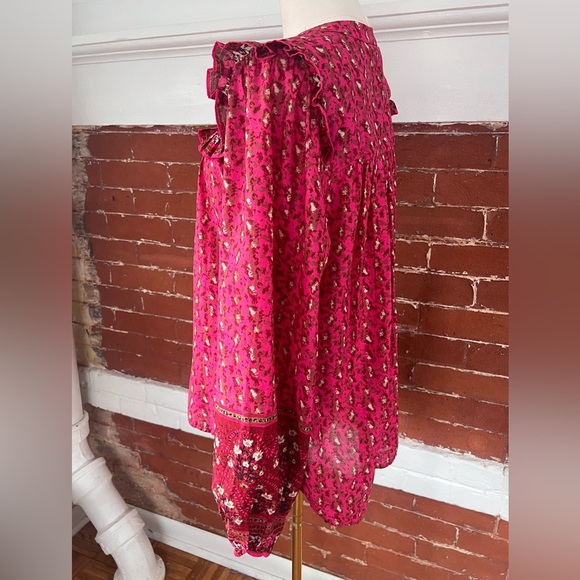 Joie Floral Peasant Blouse Fuchsia Ruffled Button Down Prairie Shirt Deep Pink - Picture 6 of 15